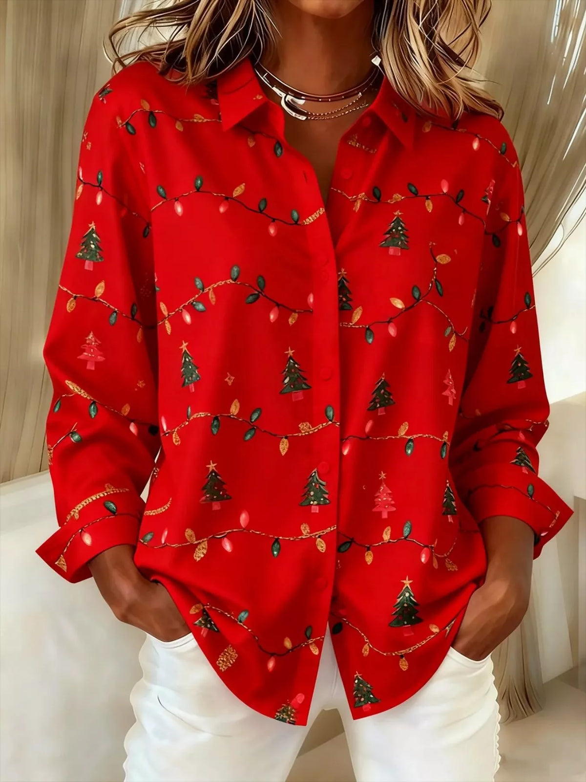 Red christmas tree button-down shirt, front view.