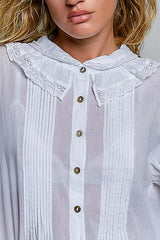 Trendsi POL Woven Lace Trim Pintuck Button-Down Shirt -