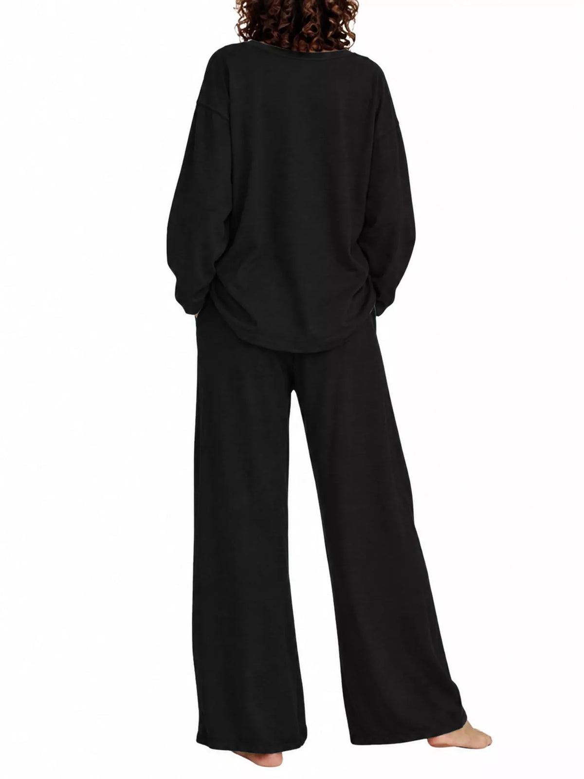 Women's Round Neck Top and Drawstring Wide-Leg Pants Set in black — back view