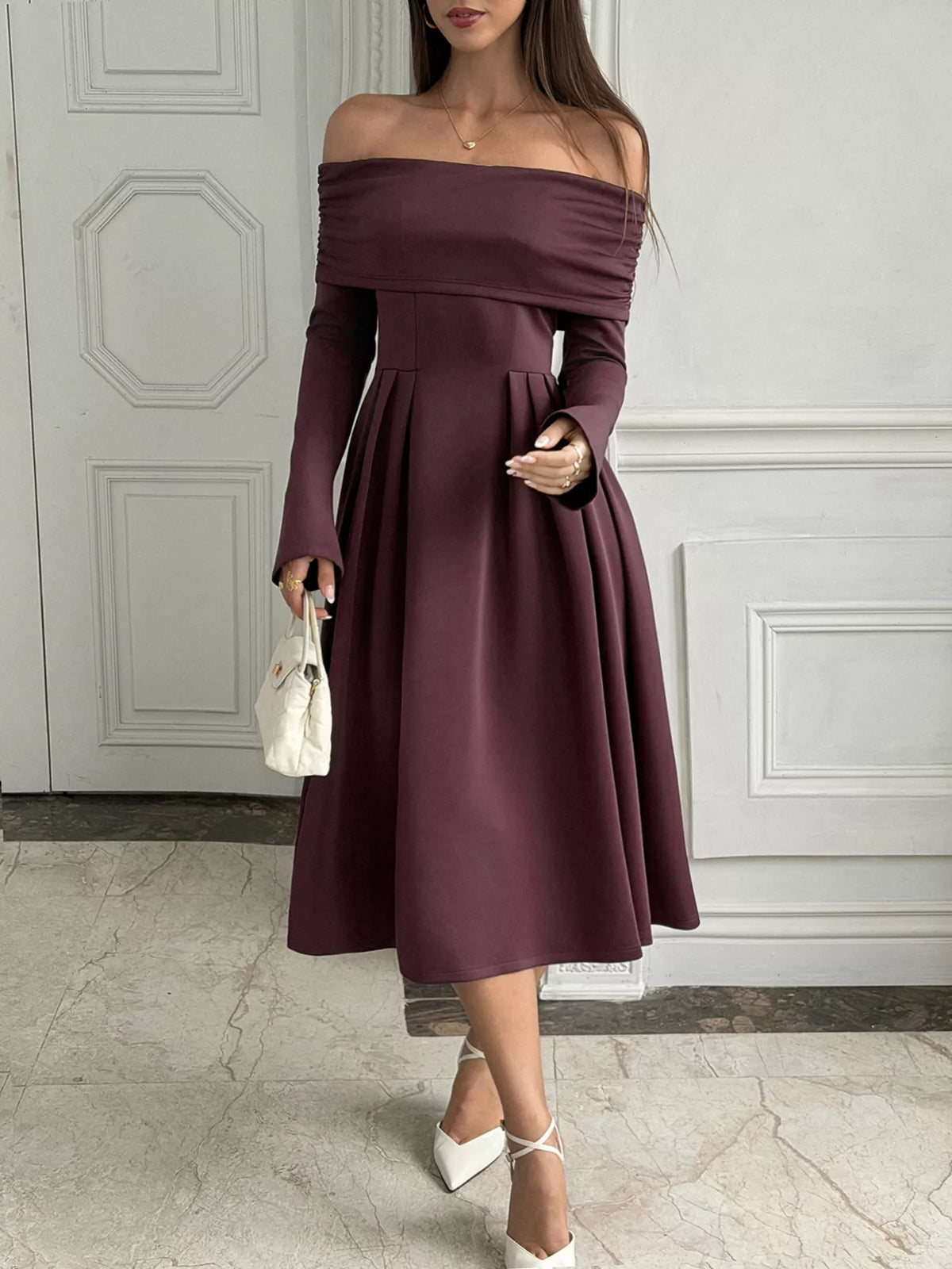 Coffee off-shoulder long sleeve midi dress