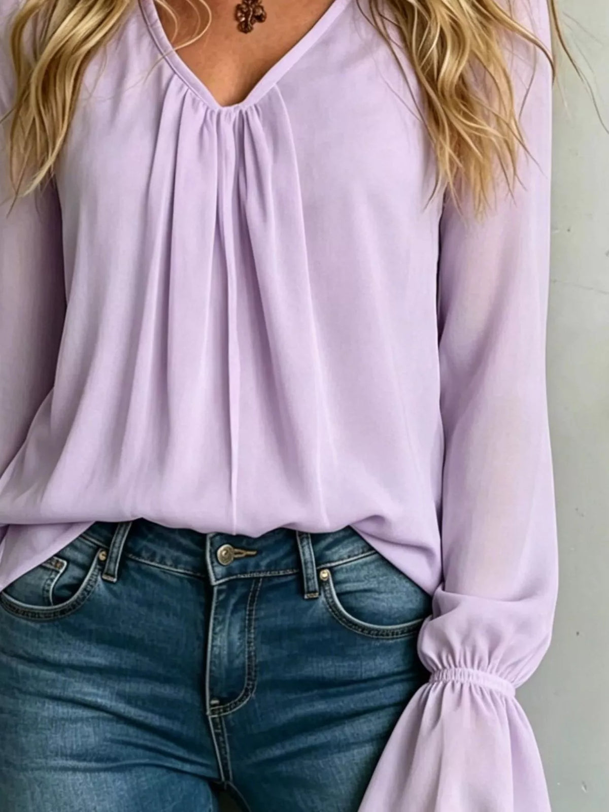 Pink Purple V-Neck Flounce Sleeve Blouse back view