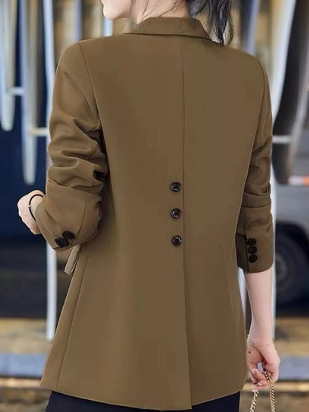 Collared long sleeve blazer, back view