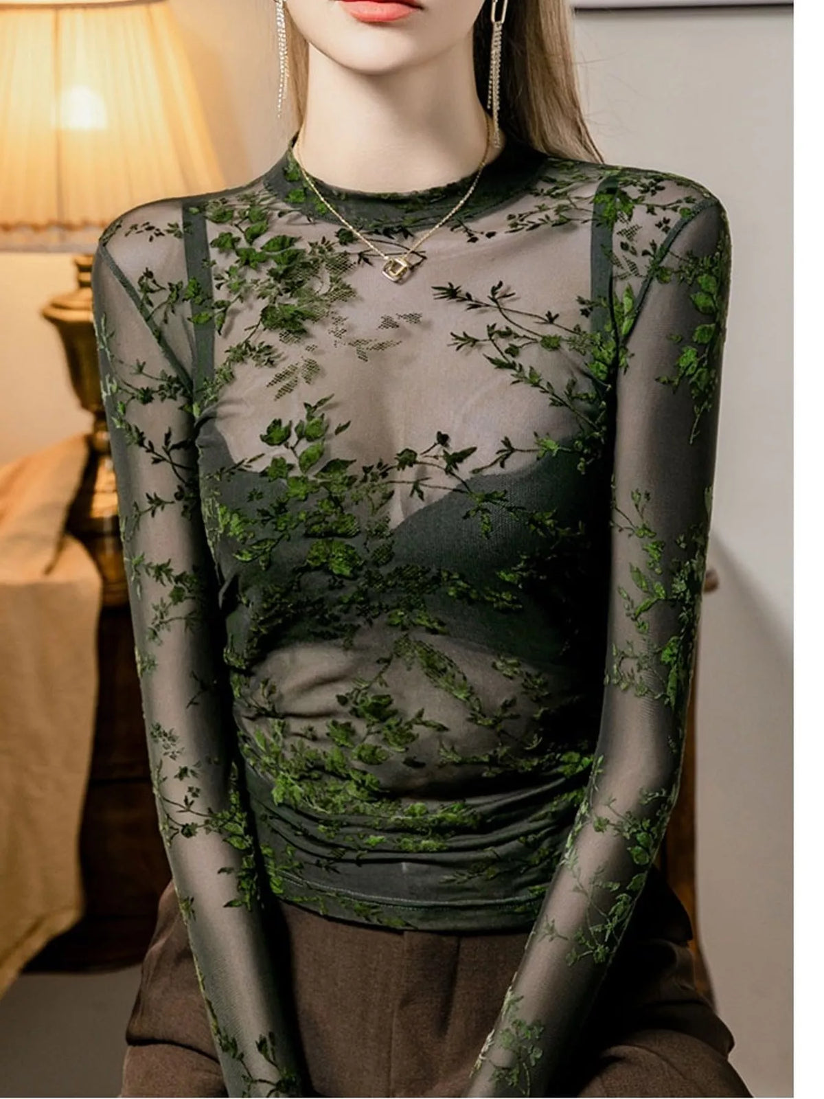 Green sheer mesh lace long sleeve t-shirt — front view