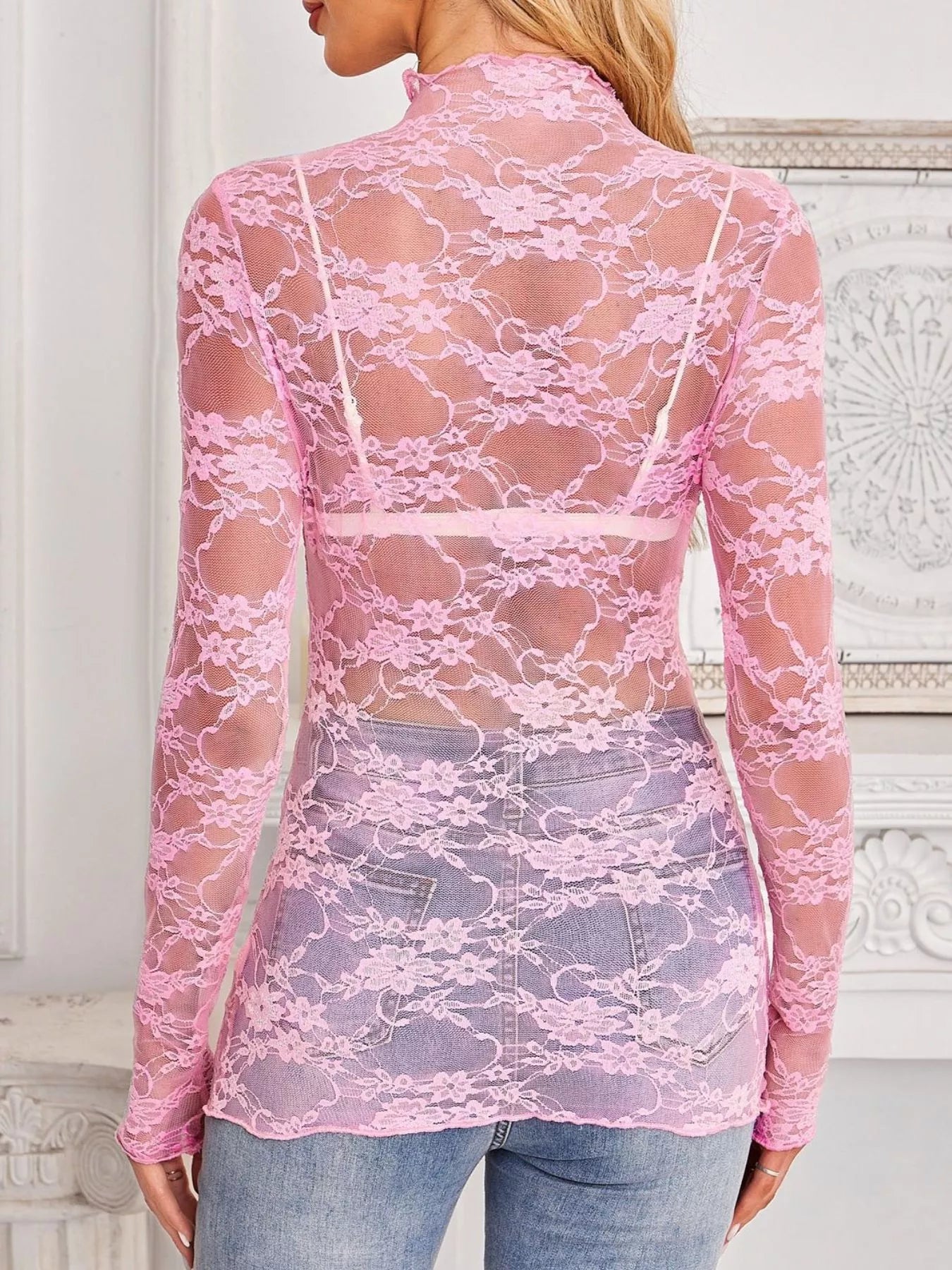 Trendsi Sheer Floral Lace Long Sleeve Top -