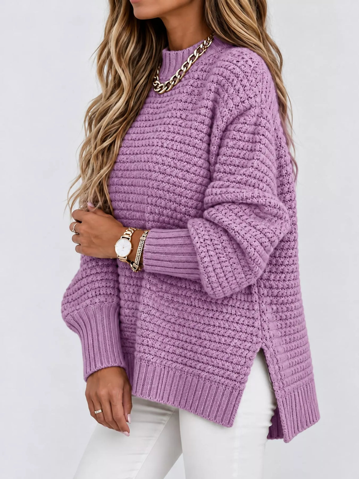 Round neck long sleeve sweater, front view on model