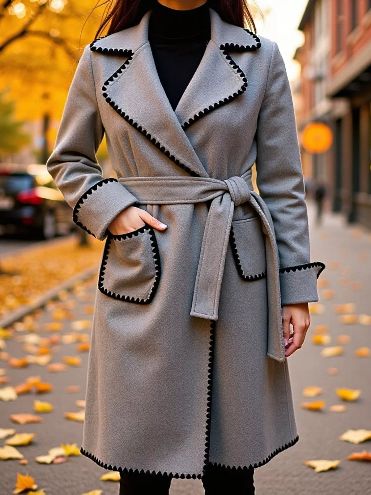 Contrast Scalloped Trim Trench Coat in gray