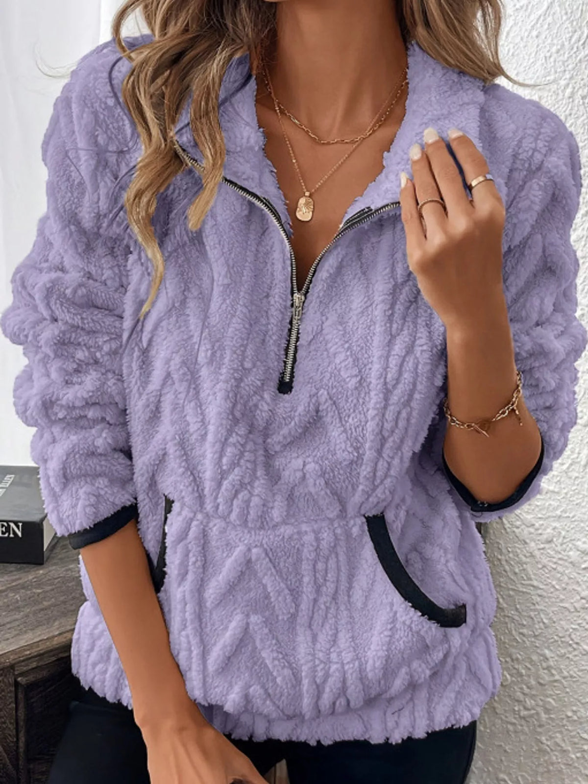 Women's Quarter-Zip Sherpa Sweatshirt in lavender — front view