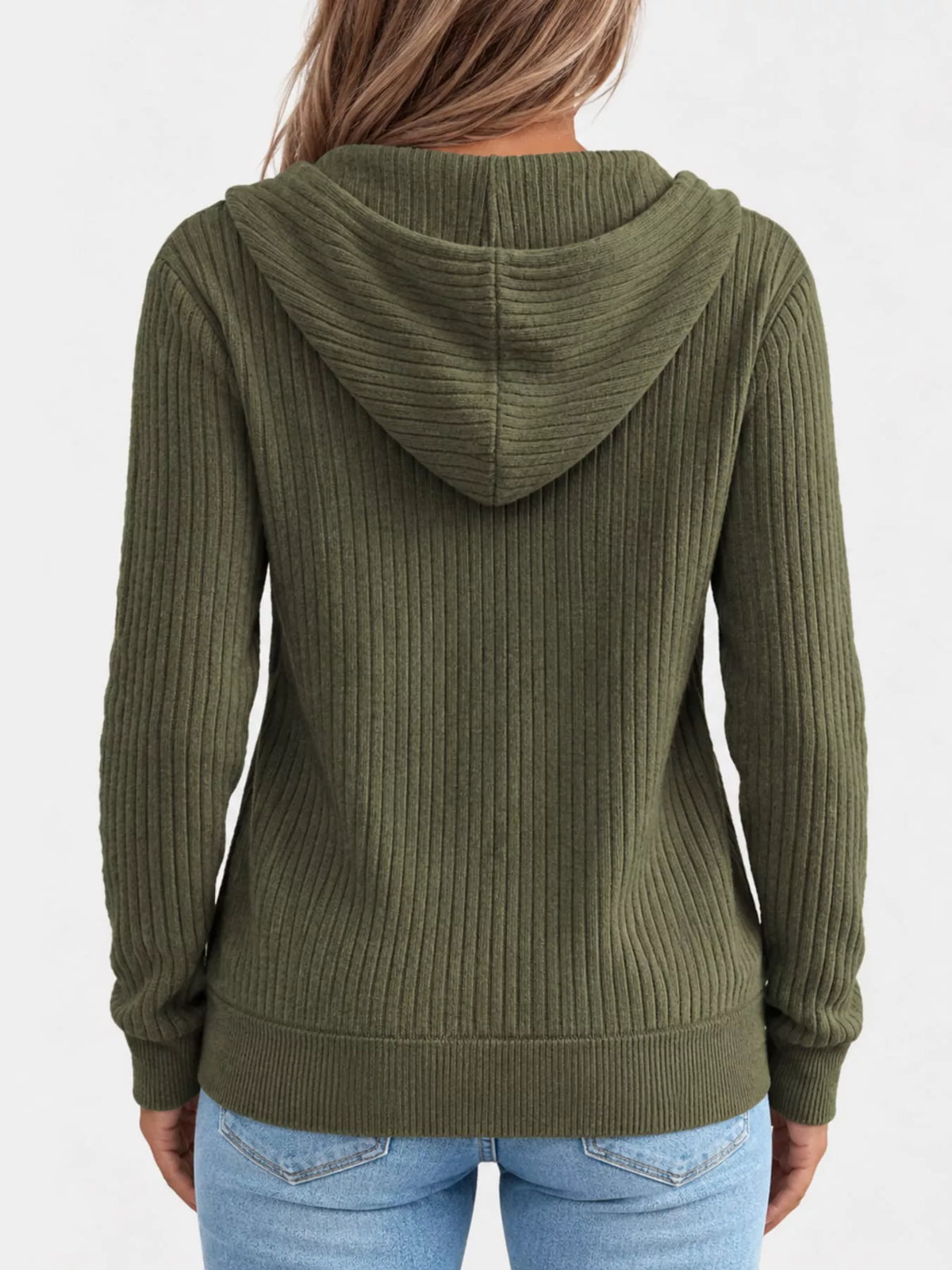 Army Green Ribbed Knit Zip-Up Hooded Cardigan, side view