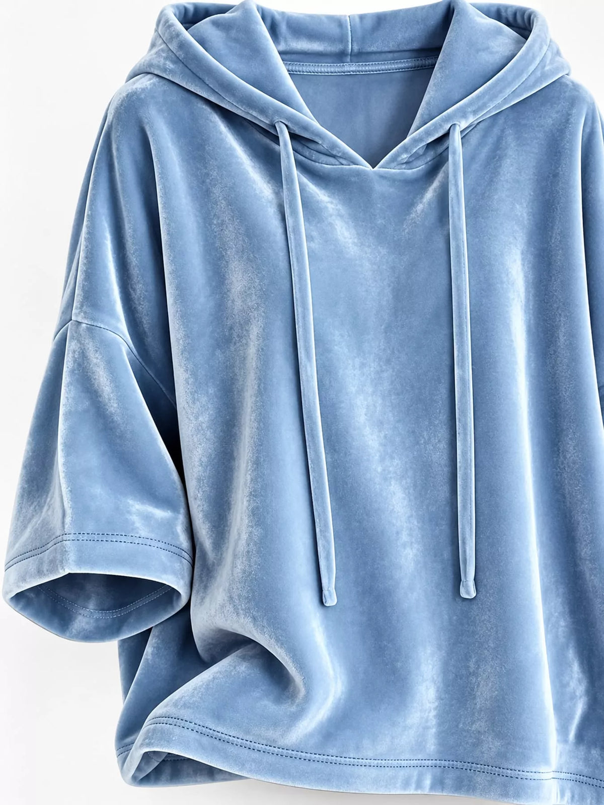 Blue velvet half sleeve hoodie with drawstring, hood, drawstrings, sleeve hem, and lower hem