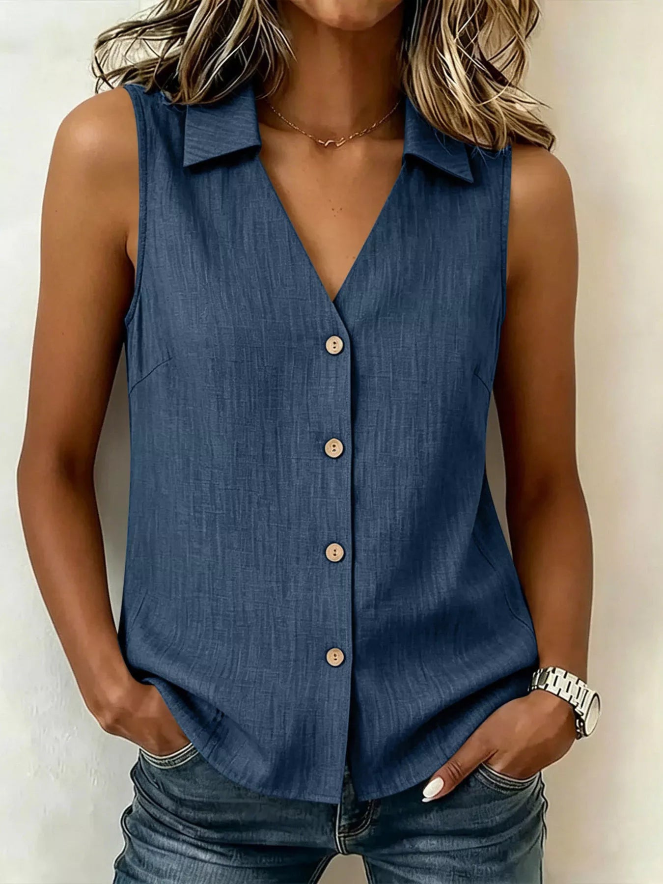 Trendsi Full Size Button-Up Collared Neck Sleeveless Top Plus Size -