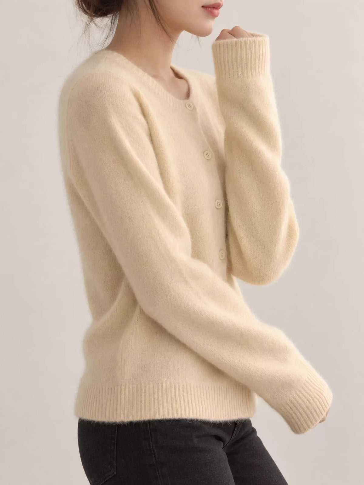 Women's Crew Neck Button-Down Knit Cardigan in cream — side view