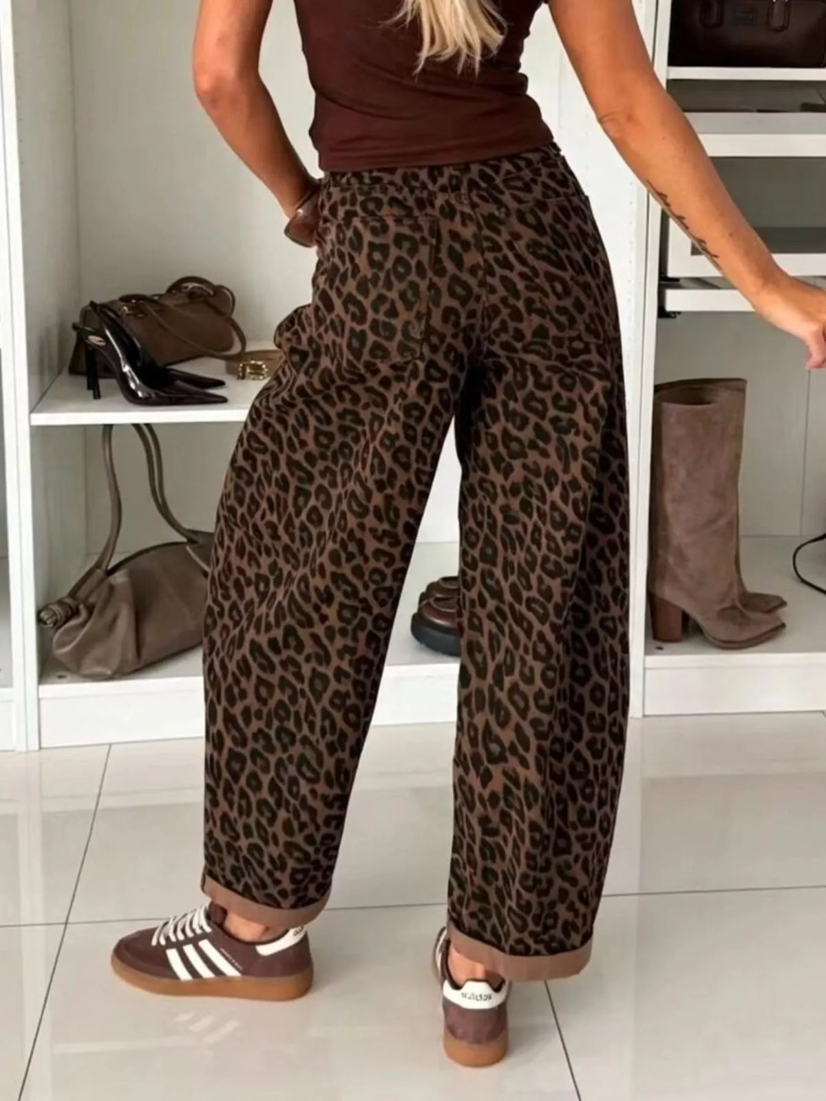 Brown leopard print wide-leg jeans