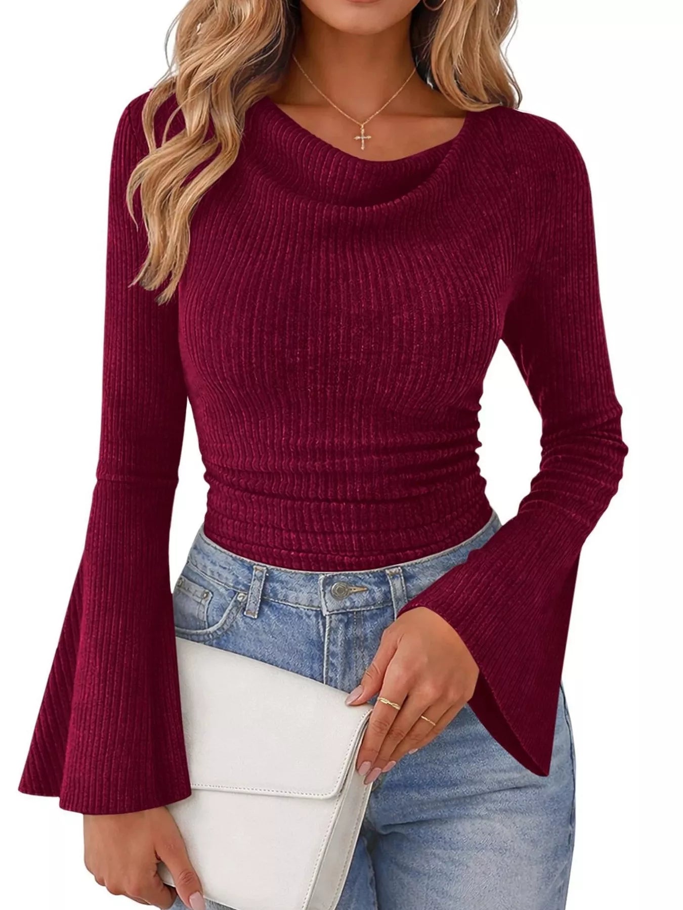 Trendsi Ribbed Knit Cowl Neck Flared Sleeves Top -