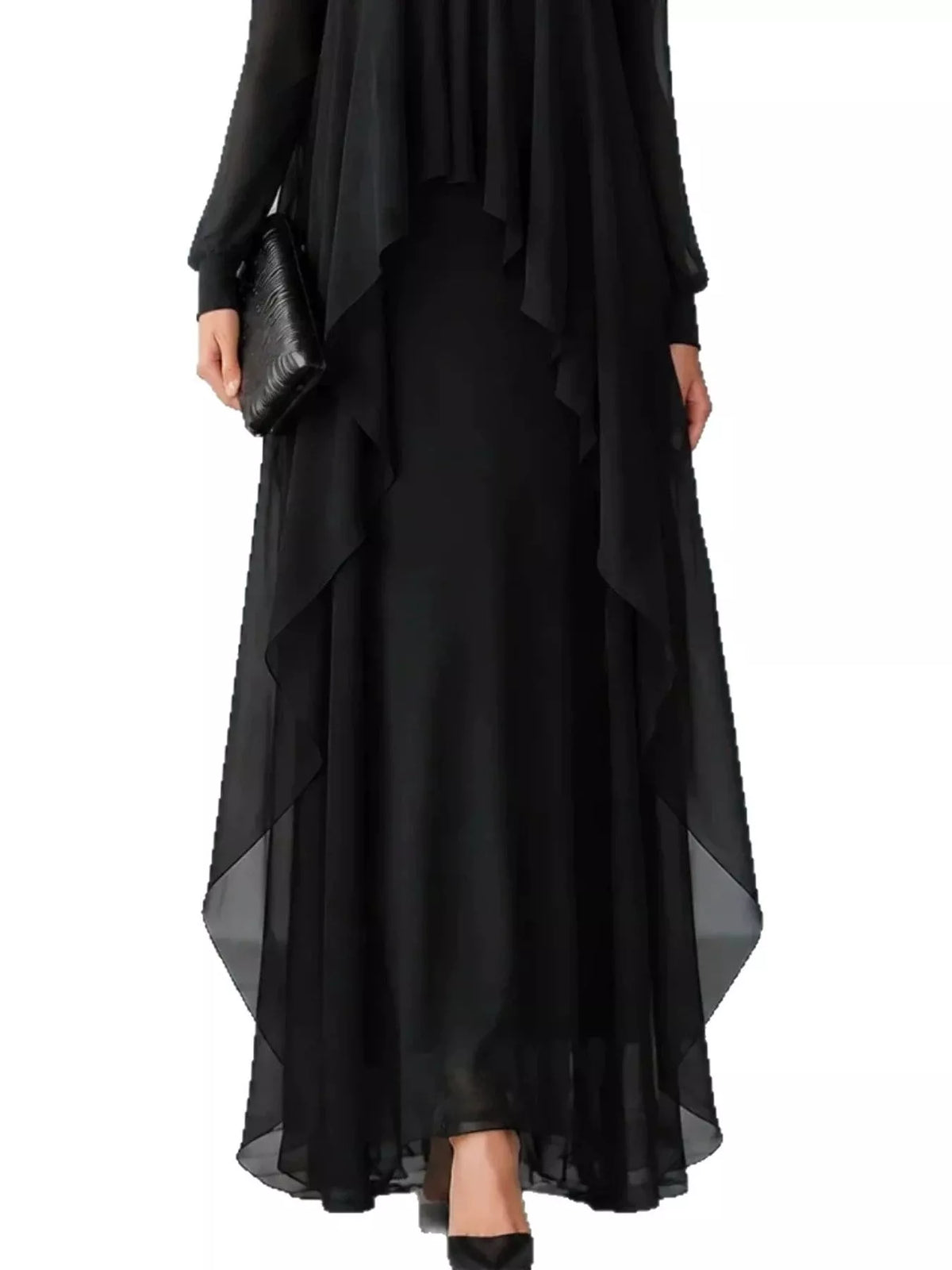 Sheer Sleeve Chiffon Layered Maxi Dress in black