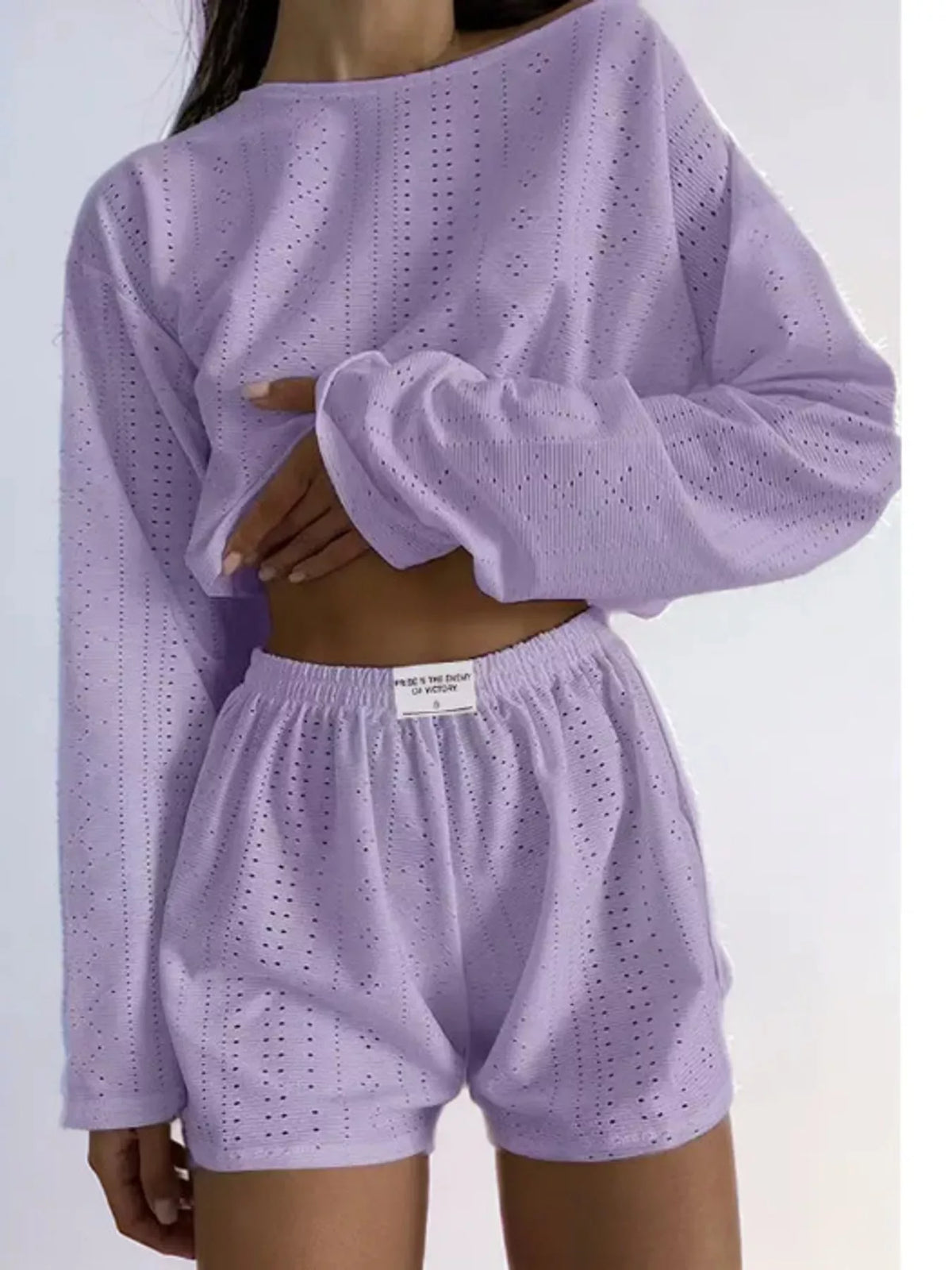 Eyelet Long Sleeve Top and Shorts Lounge Set in purple