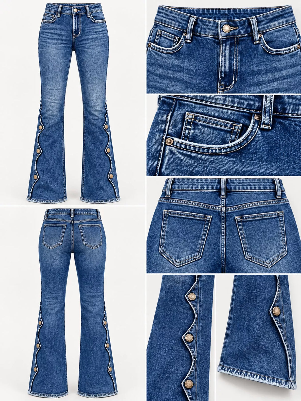 Button-Side Flare Jeans in dark blue, construction detail