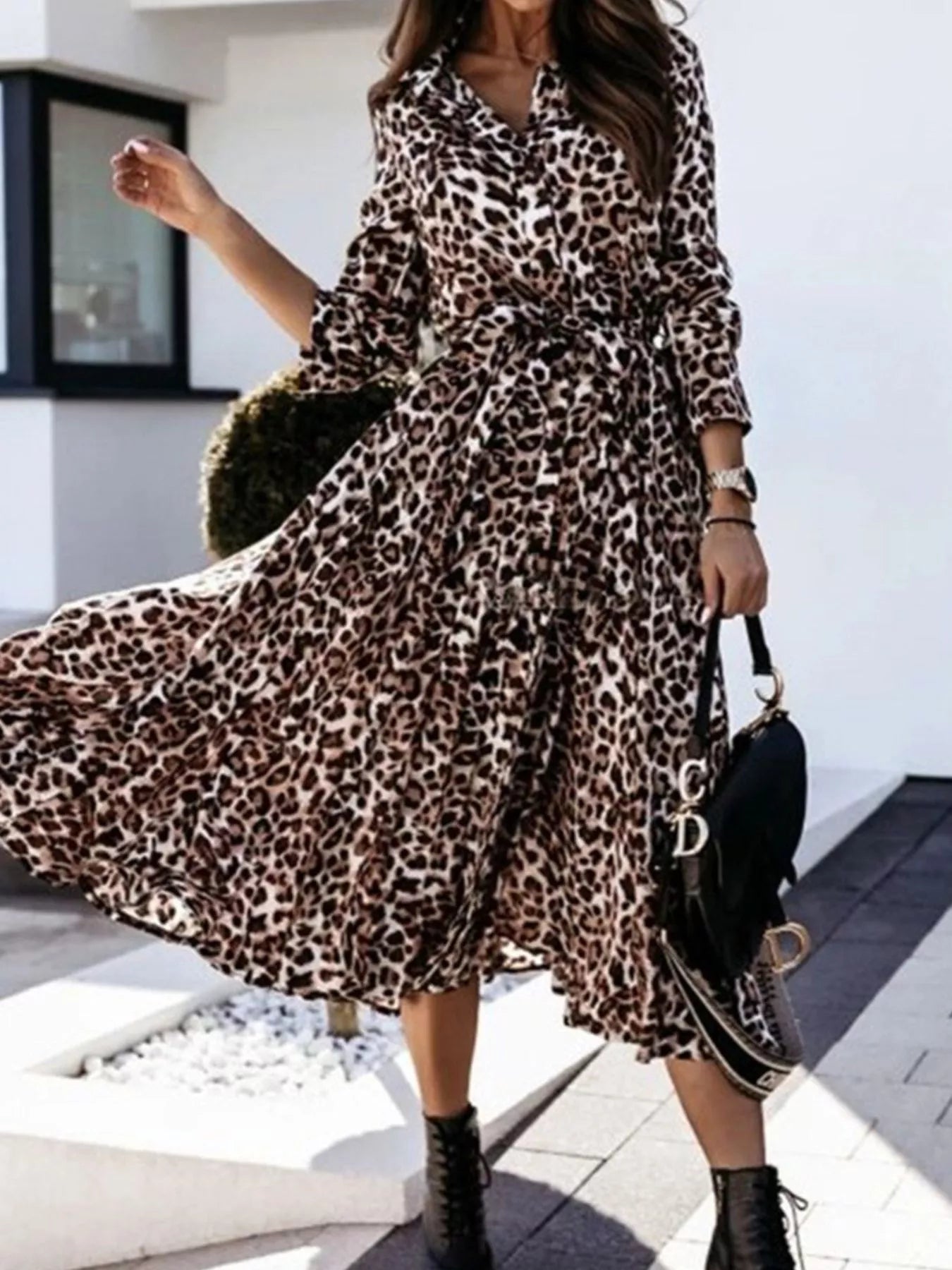 Trendsi Leopard Print Button-Down Midi Dress with Belt -