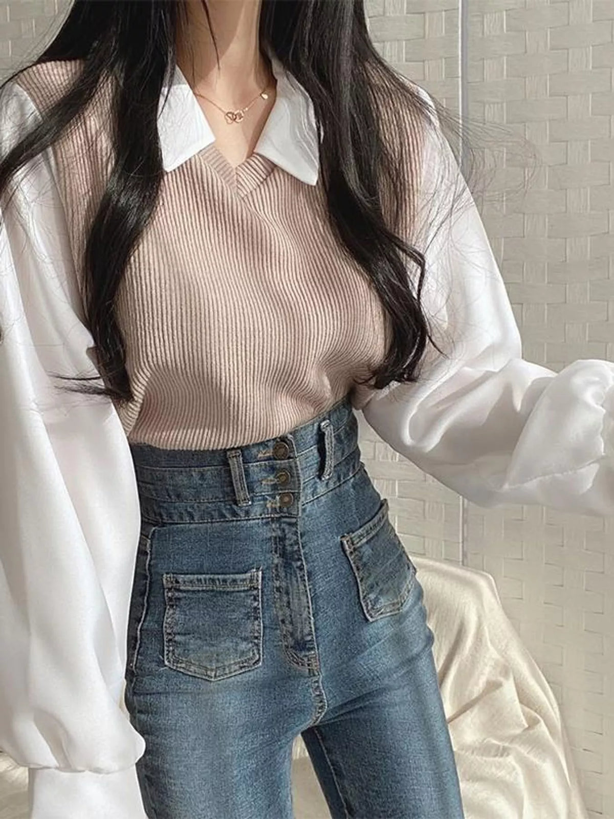 Layered blouse, taupe and white front