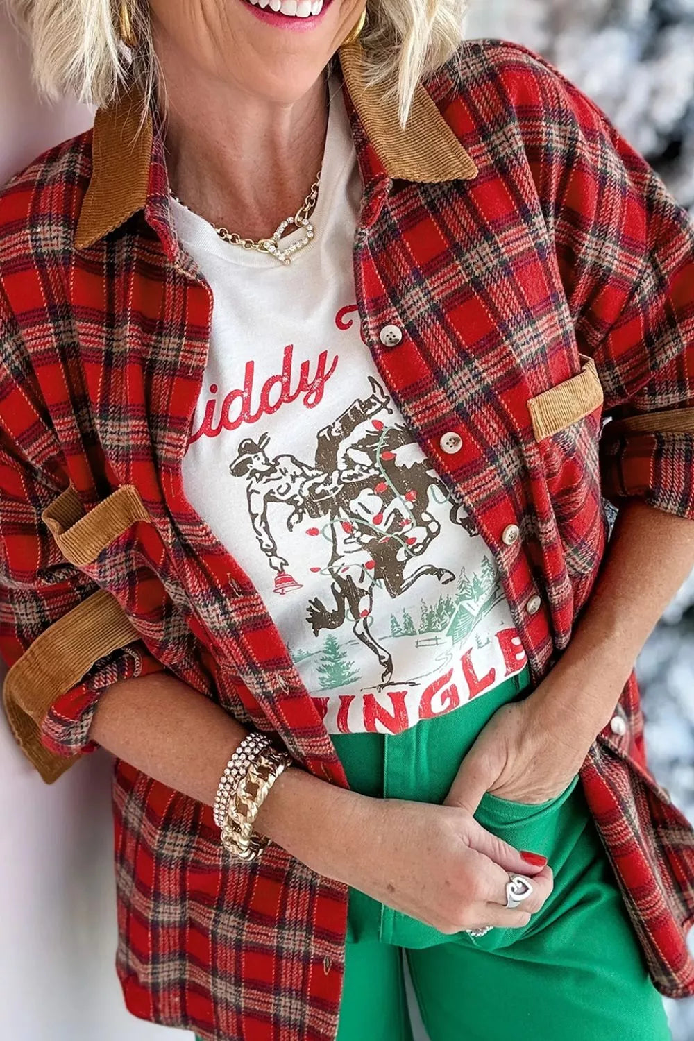 Women's Plaid Corduroy Trim Dropped Shoulder Shacket in Scarlet, full-length view
