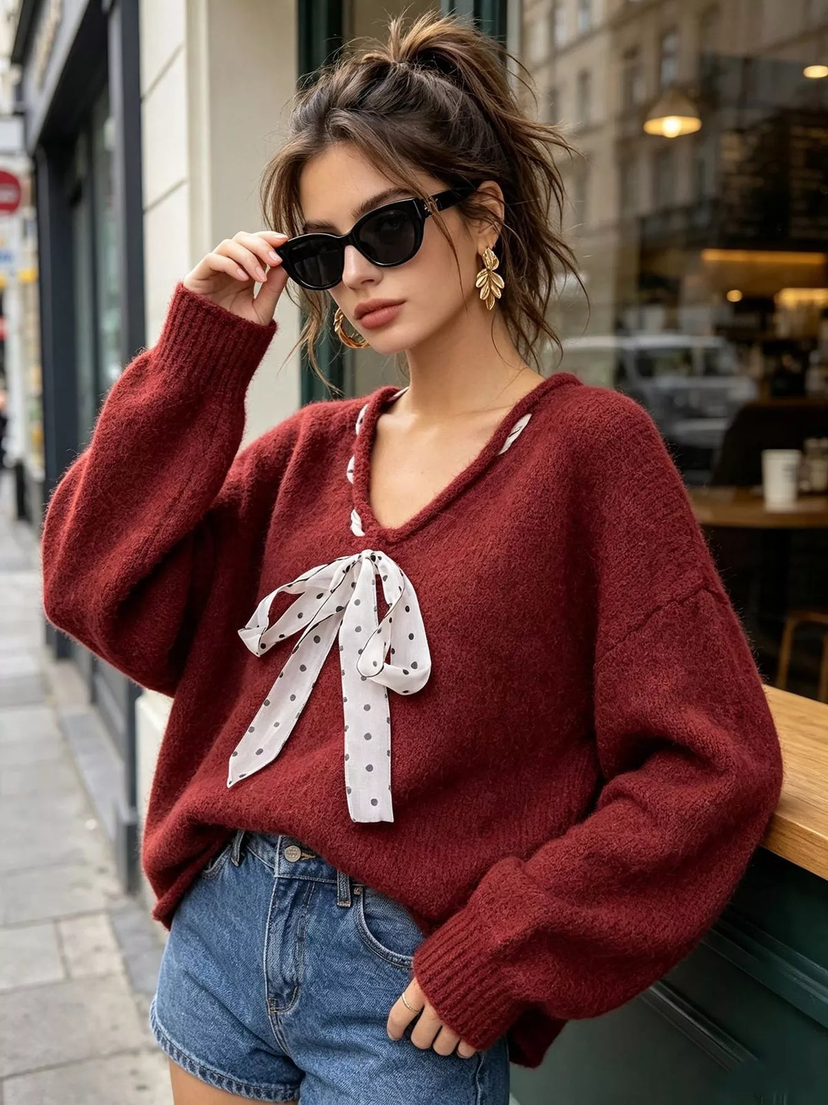 Burgundy v-neck knit top with polka dot ribbon tie, angled front view.