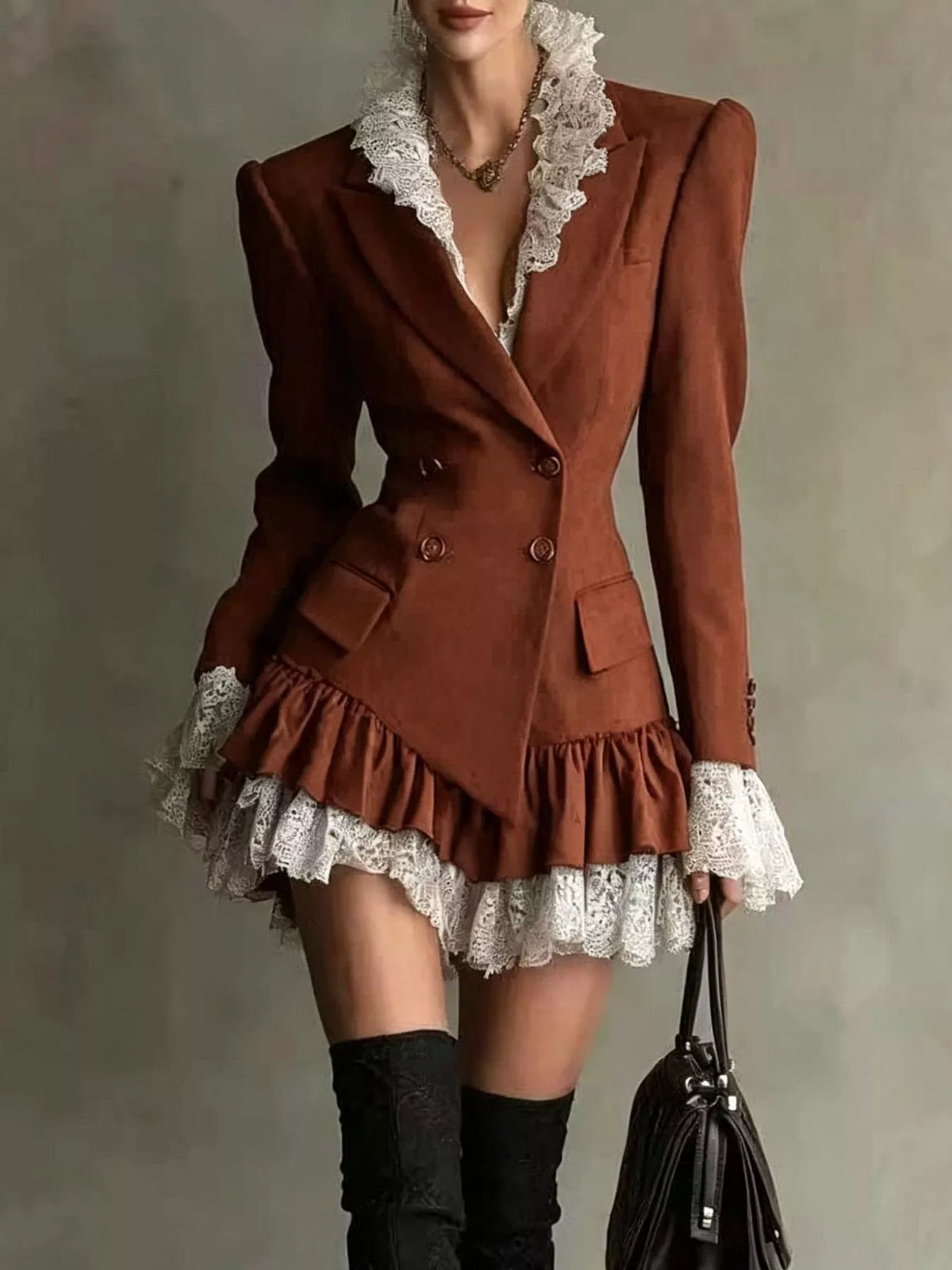 Collared long sleeve mini dress, front view on model