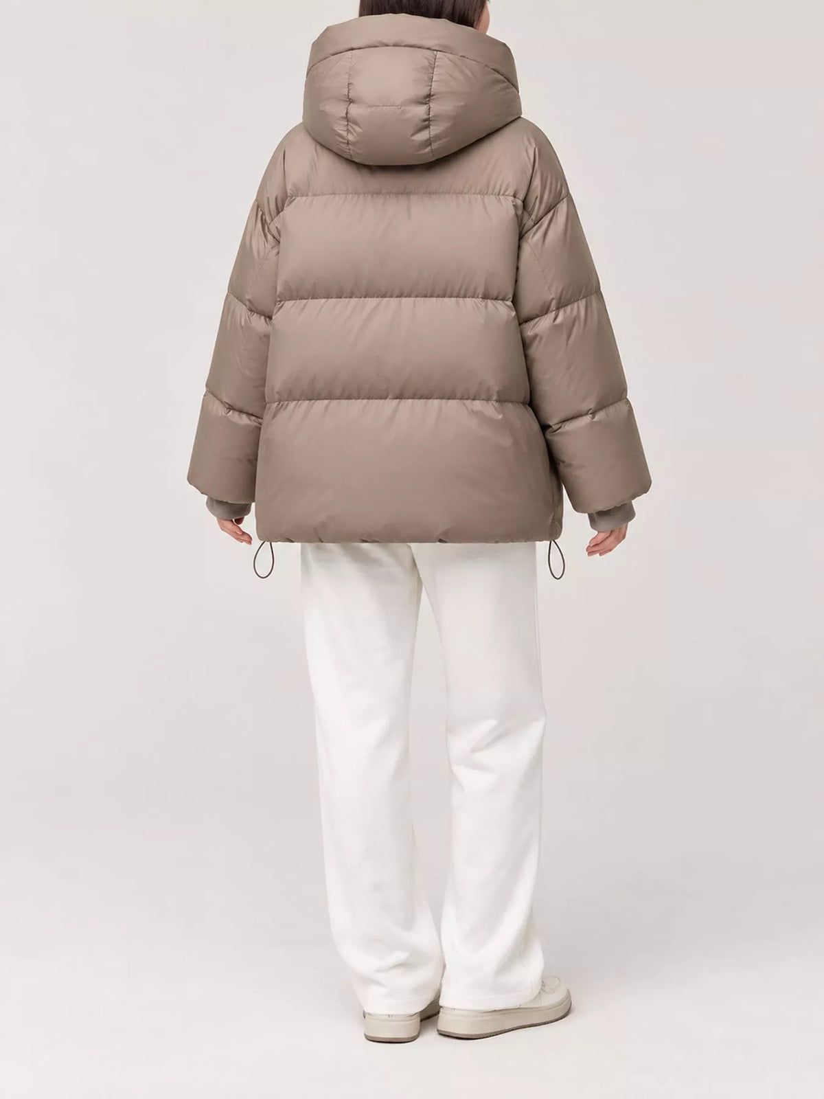 Taupe quilted hooded puffer jacket, back view