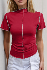 Trendsi Basic Bae Contrast Trim Mock Neck Short Sleeve T-Shirt - Shirts
