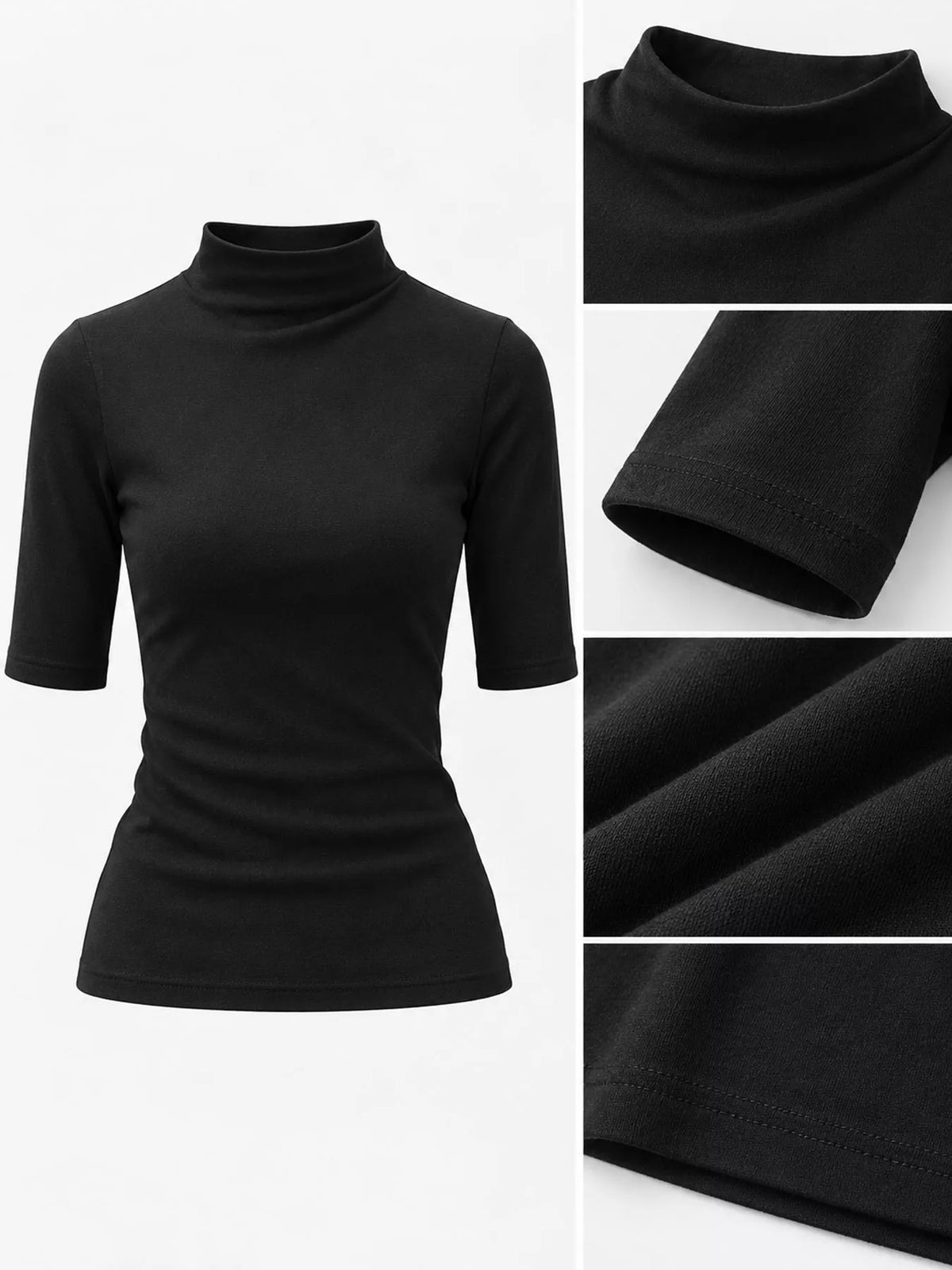 Black mock neck half sleeve t-shirt, neckline, sleeve hem, and fabric texture