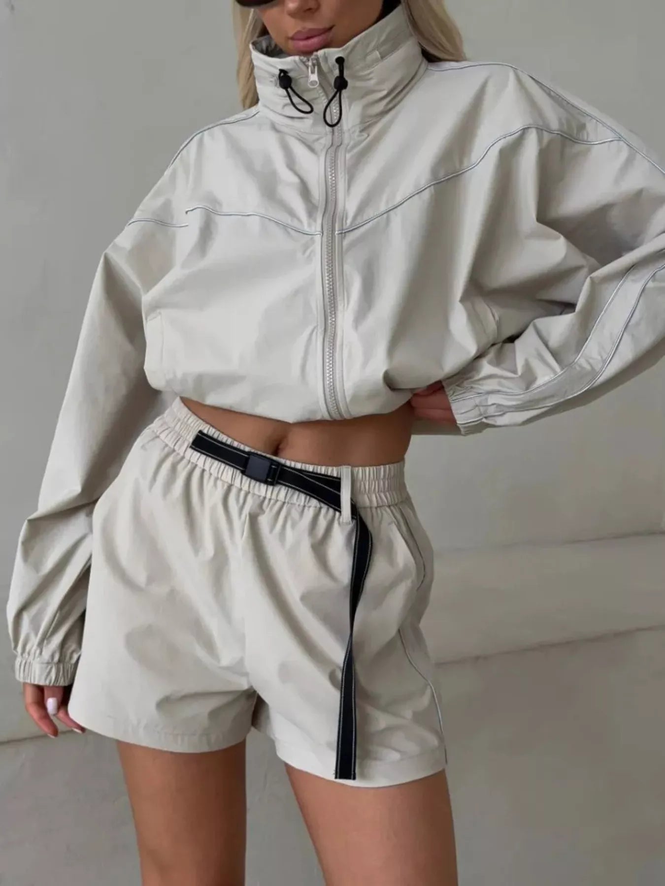 Trendsi Drawstring Zip-Up Jacket and Shorts Set -