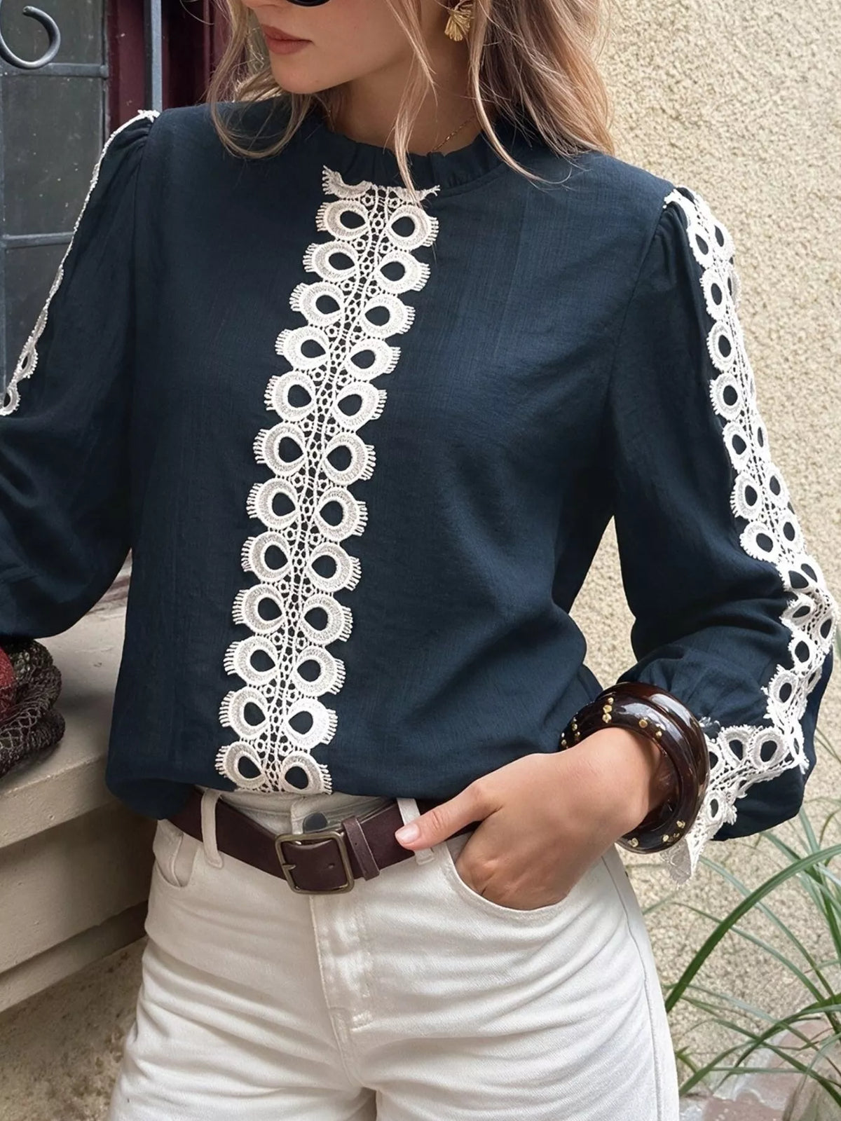 Trendsi Lace Trim Long Sleeves Blouse -