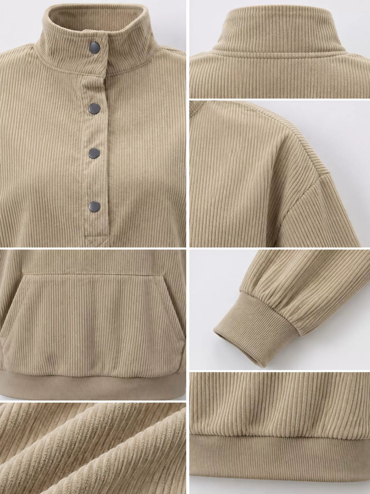 Quarter-snap sweatshirt, beige detail collage
