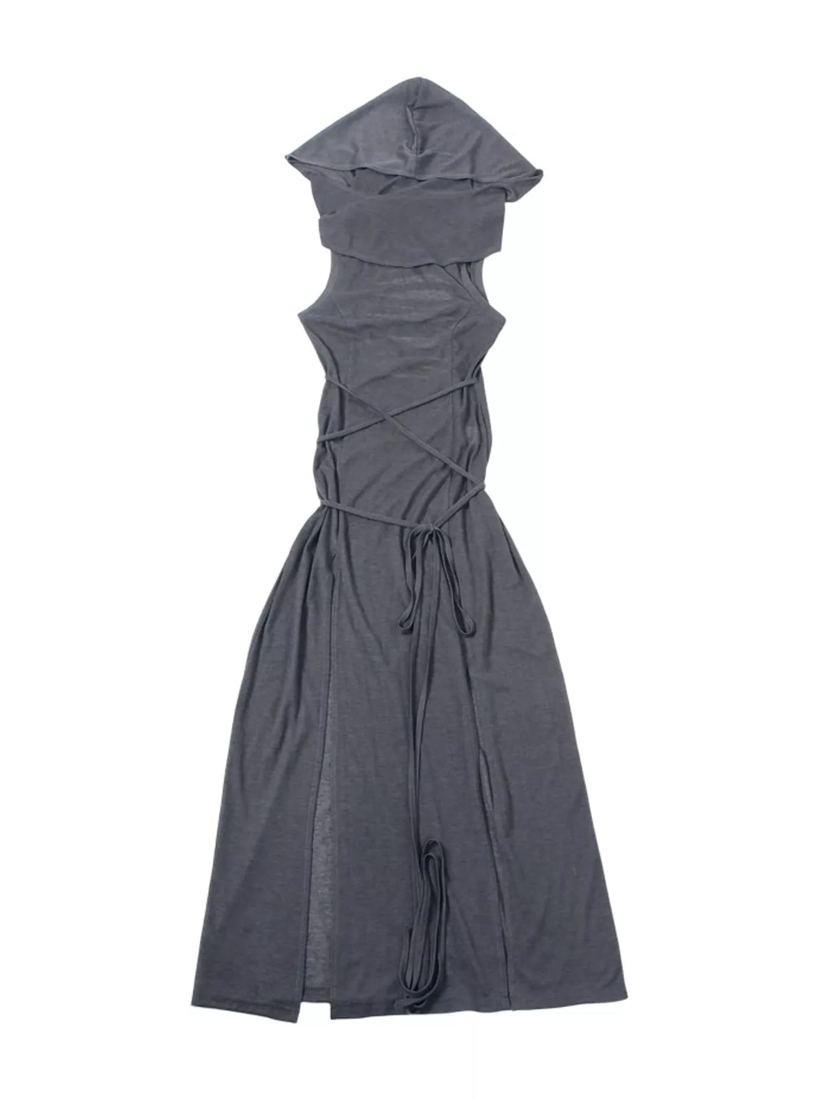 Gray sleeveless high slit hooded maxi dress, front view