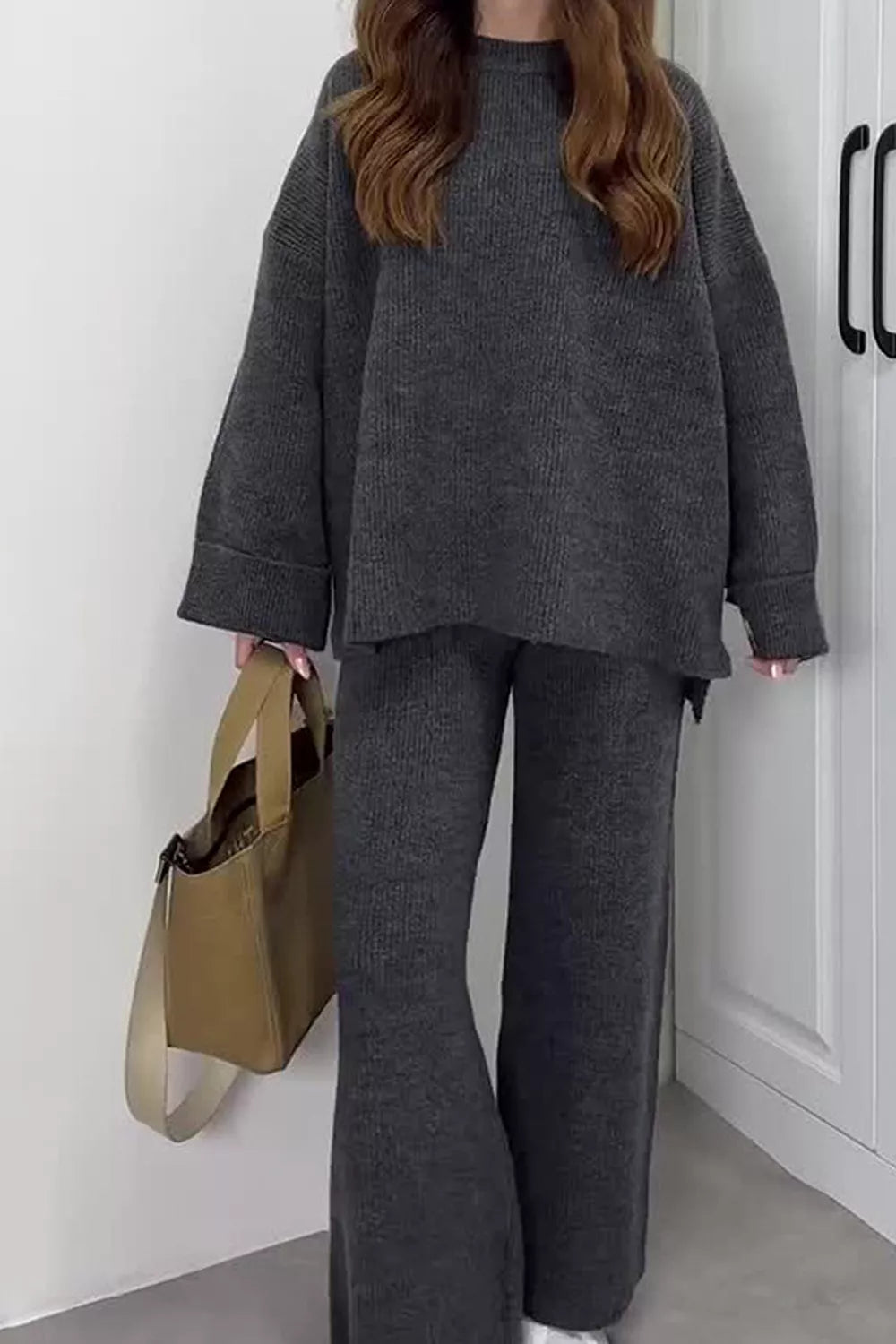 Trendsi Dropped Shoulder Knit Sweater and Wide Leg Pants Set -