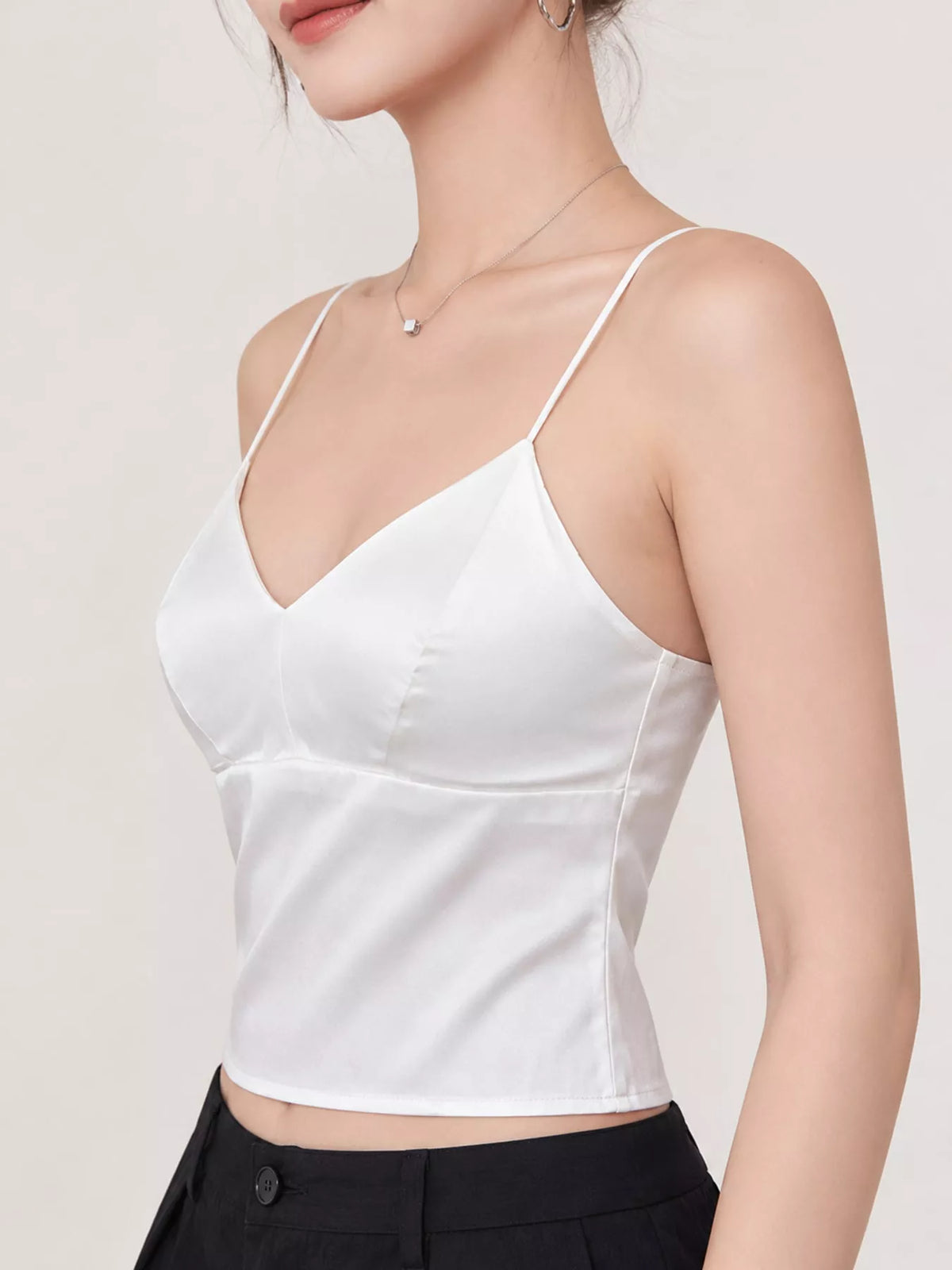 White satin v neck cami, side view