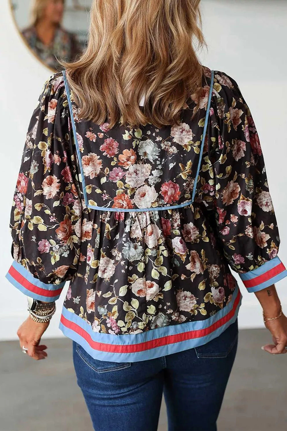 Trendsi Floral Print Contrast Trim Tie V Neck Blouse -