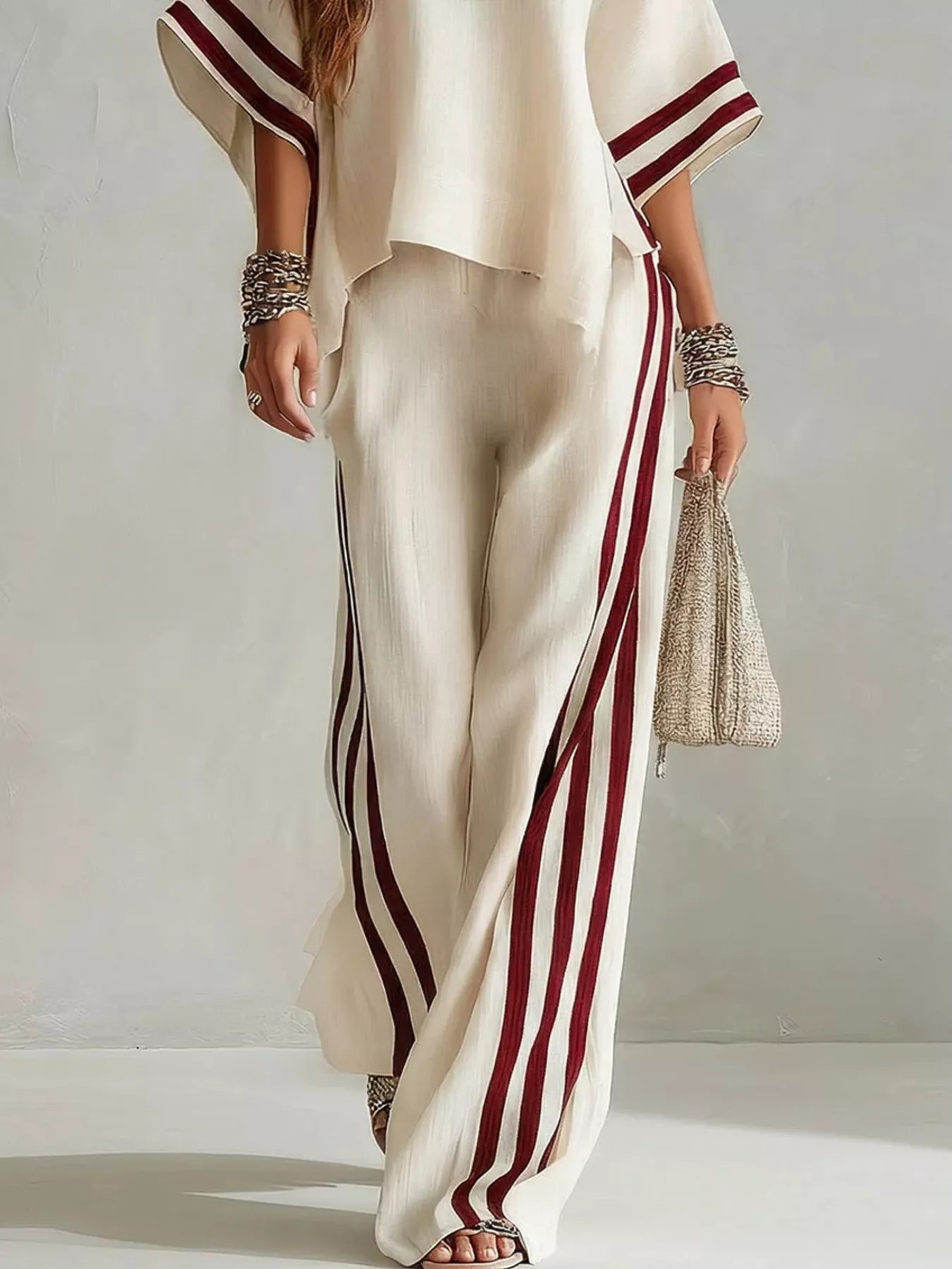 Trendsi Full Size Striped 3/4 Sleeve Top and Pants Set Plus Size -
