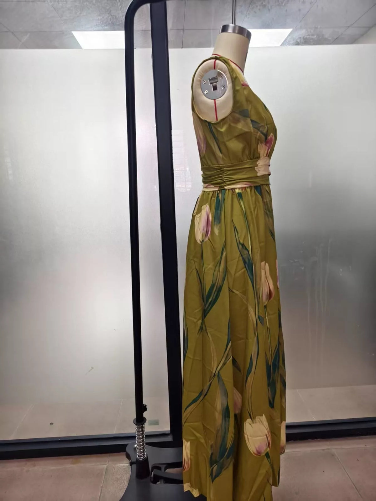 Women's Sleeveless Floral Print Maxi Dress in green floral — mannequin side view