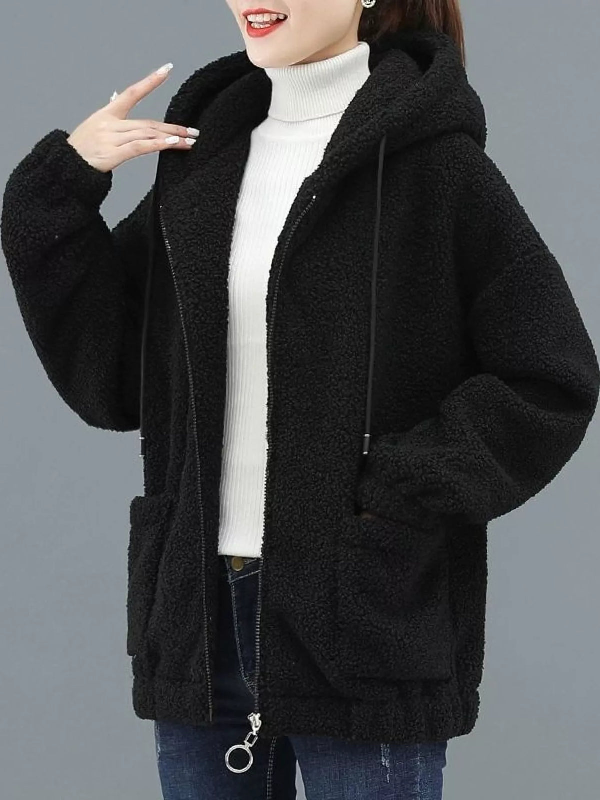 Black fleece zip-up hoodie with pockets