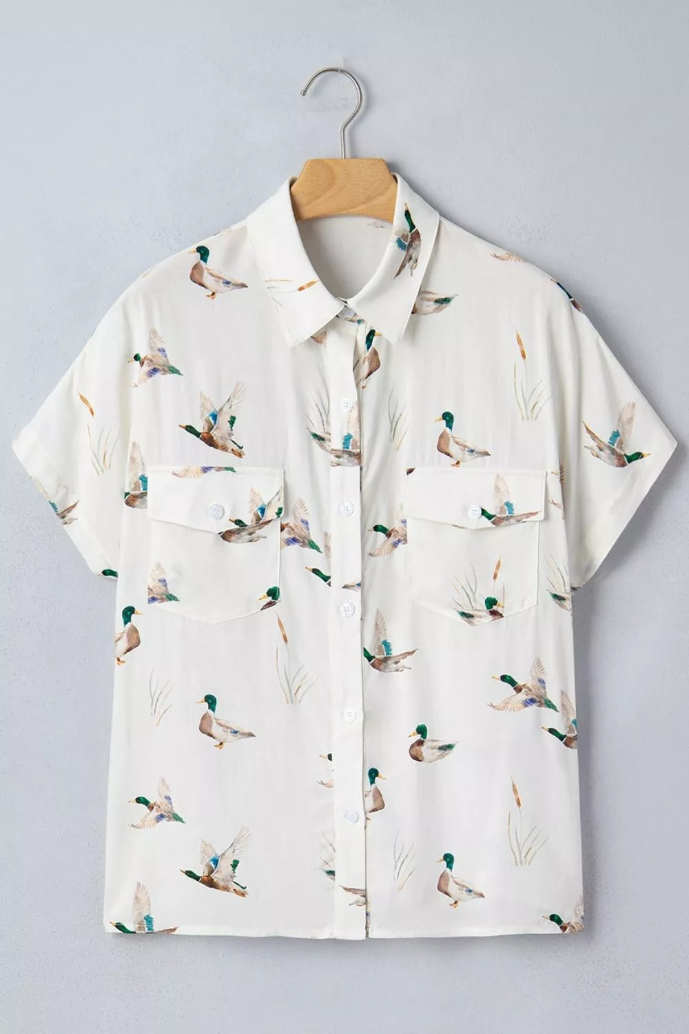 Trendsi Mallard Printed Button Flap Pocket Short Sleeve Shirt -