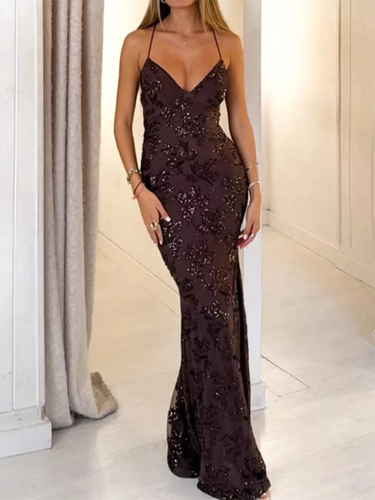 Sequin Mermaid Evening Maxi Dress in coffee brown, front view