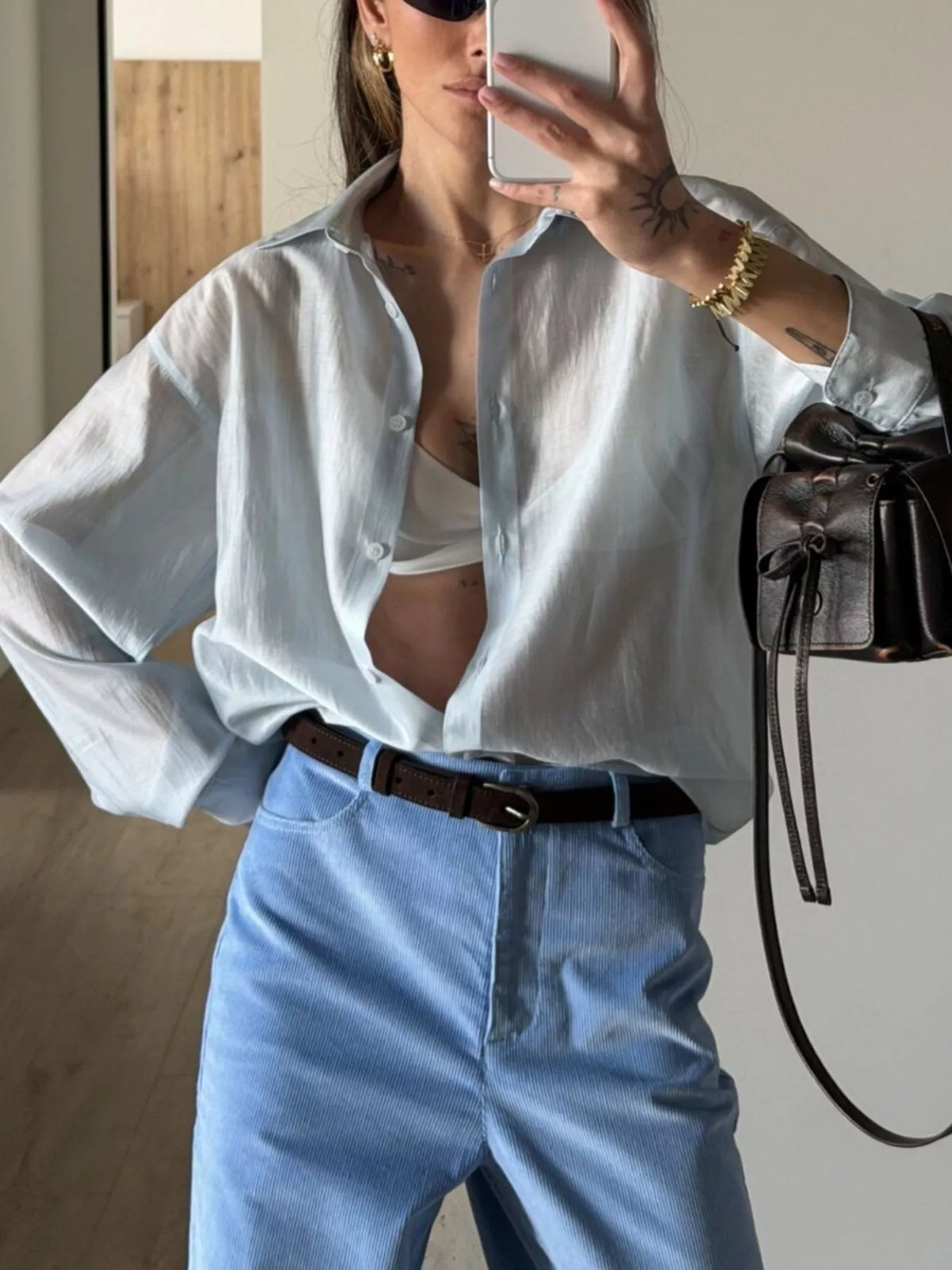 Trendsi Sheer Oversized Button-Up Shirt -