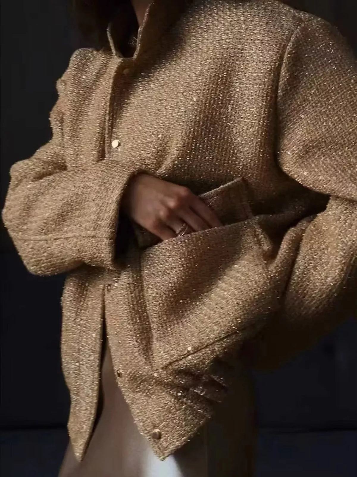 Gold tweed bomber jacket with front pockets