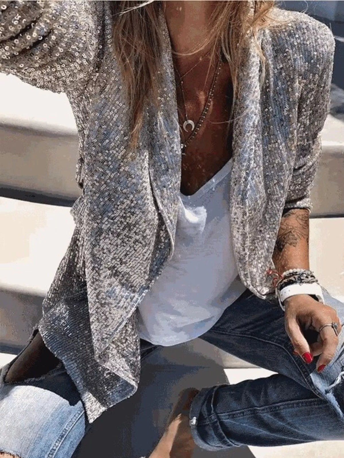 Sequin Open-Front Blazer, detail view in silver