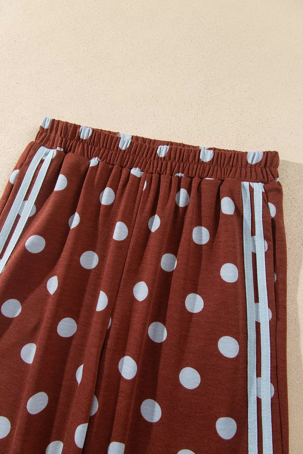 Brown polka dot side-stripe top and pants set
