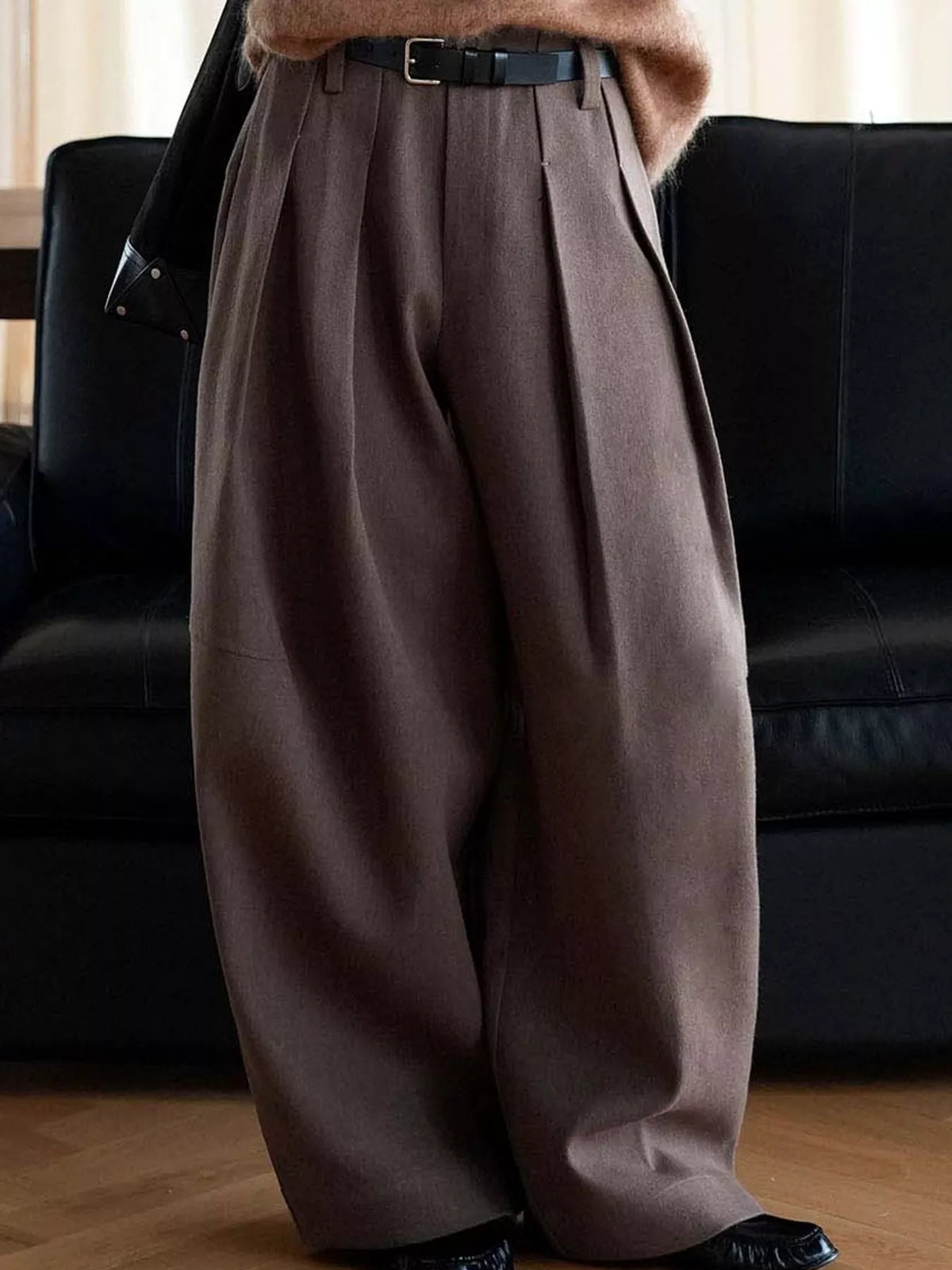 Pleated Wide-Leg Pants in brown, front view
