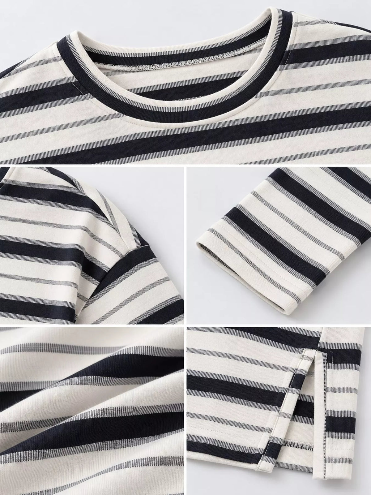 Cream and black striped oversized T-shirt, neckline, cuff and hem detail collage