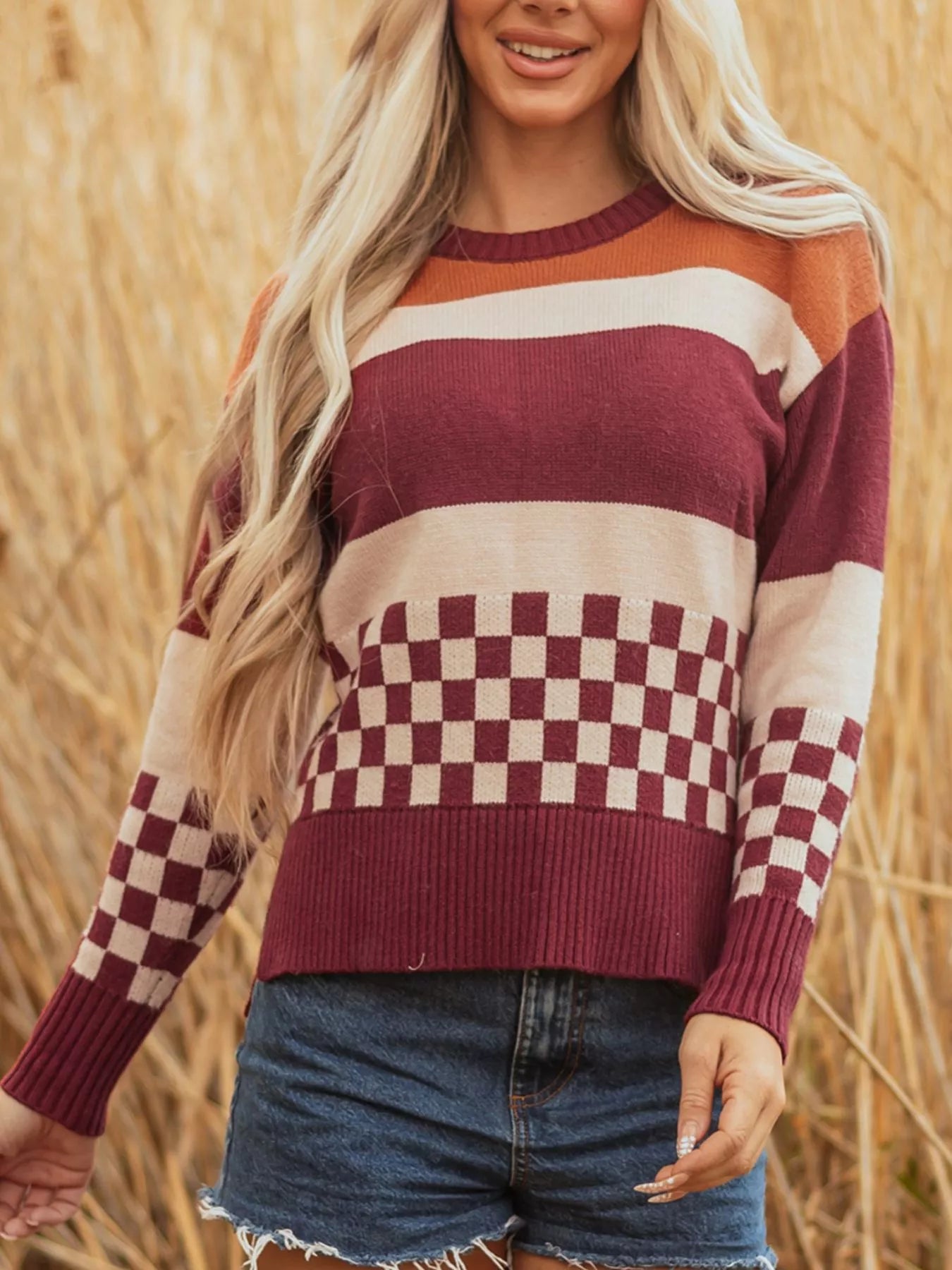 Trendsi Checkered Color Block Knitted Drop Shoulder Sweater -
