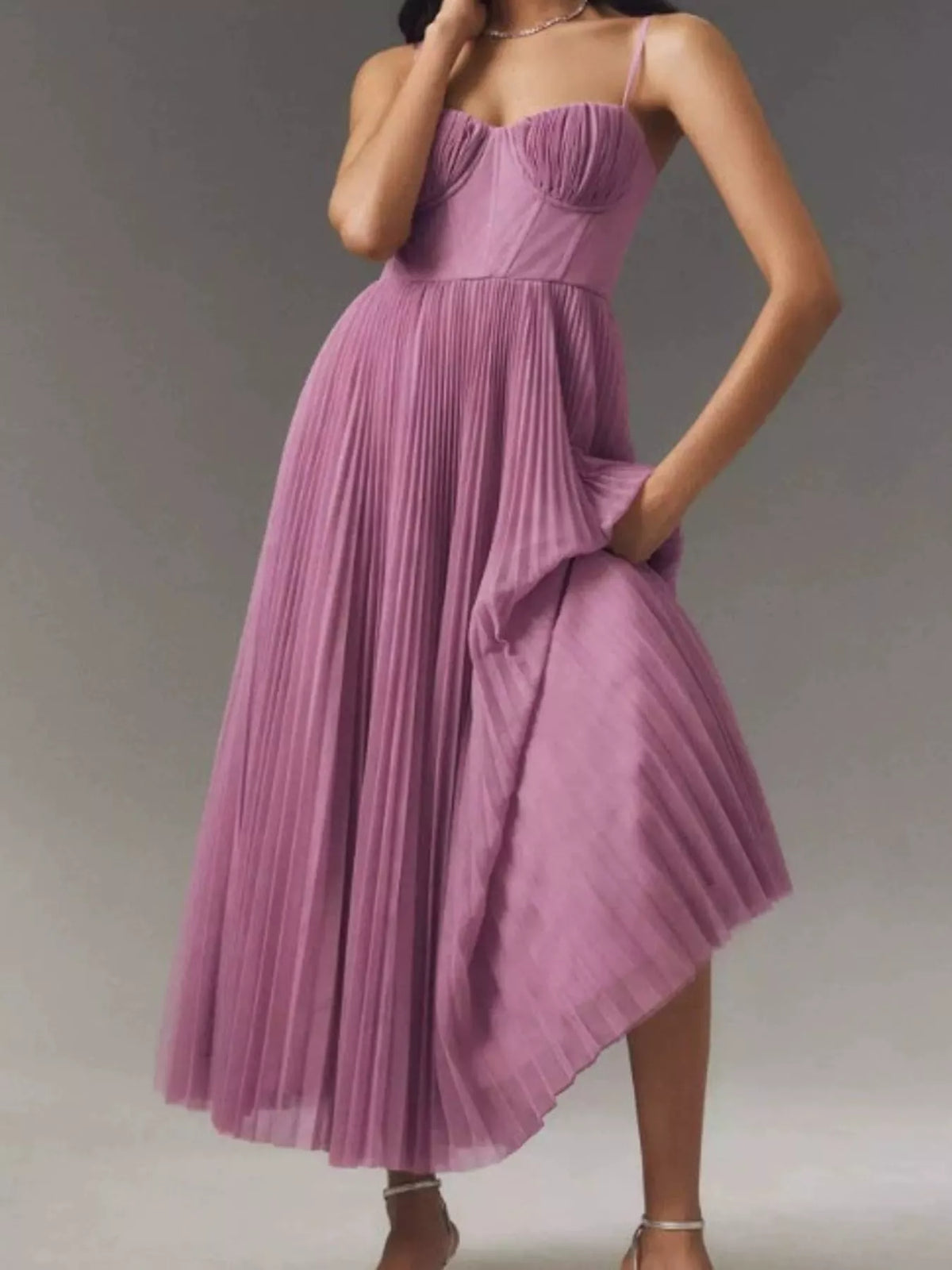 Purple pleated sweetheart neck midi dress — front view