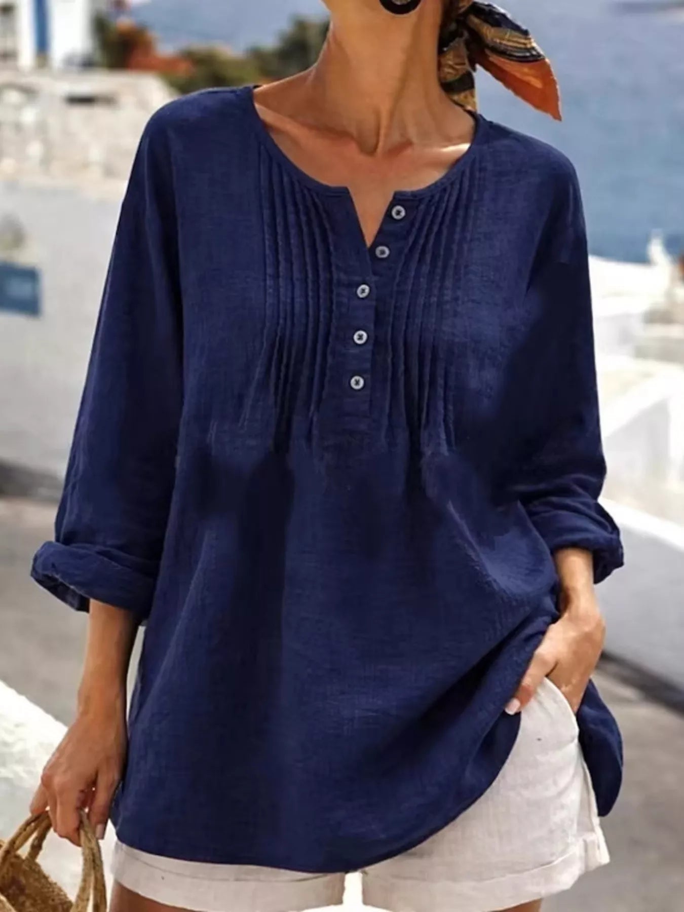 Trendsi Casual Button Detail Long Sleeve Linen Shirt -
