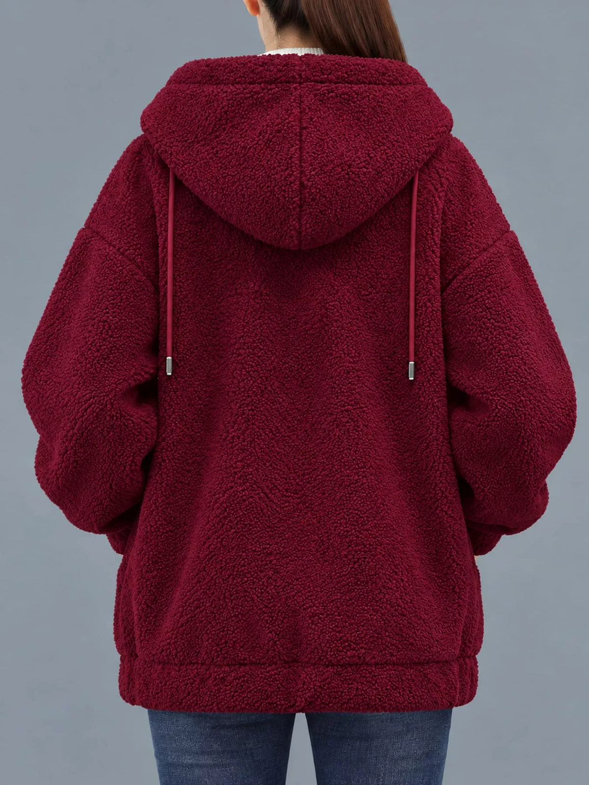 Burgundy fleece zip-up hoodie with pockets, back view